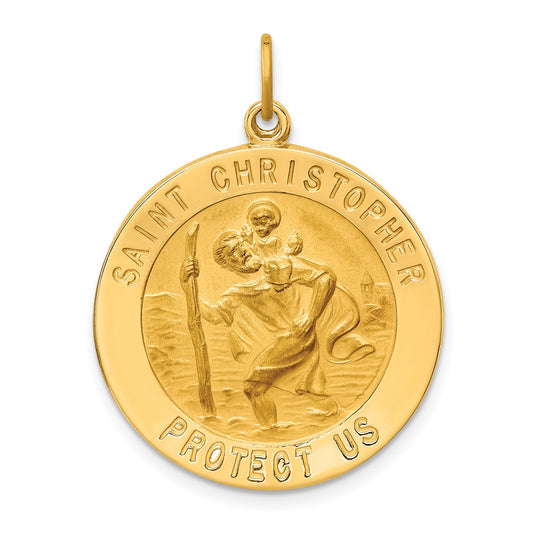 14k Yellow Gold Polished Satin Large Round St. Christopher Medal Engravable Charm Pendant Jewelry Gifts (Length 1.24" Width 0.96")