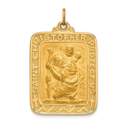 14k Yellow Gold Polished Satin Large Rectangle St. Christopher Medal Engravable Charm Pendant Jewelry Gifts (Length 1.54" Width 0.98")