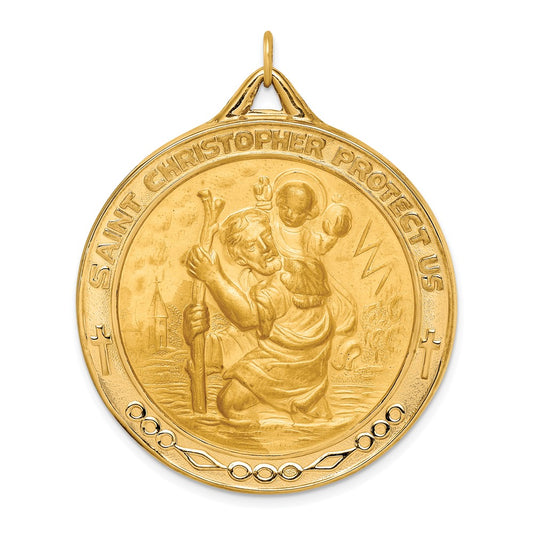 14k Yellow Gold Polished Satin Extra Large Round St. Christopher Medal Engravable Charm Pendant Jewelry Gifts (Length 1.76" Width 1.44")