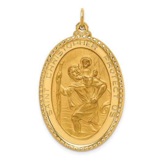 14k Yellow Gold Polished Satin Beaded Edge St. Christopher Medal Engravable Charm Pendant Jewelry Gifts (Length 1.61" Width 0.98")