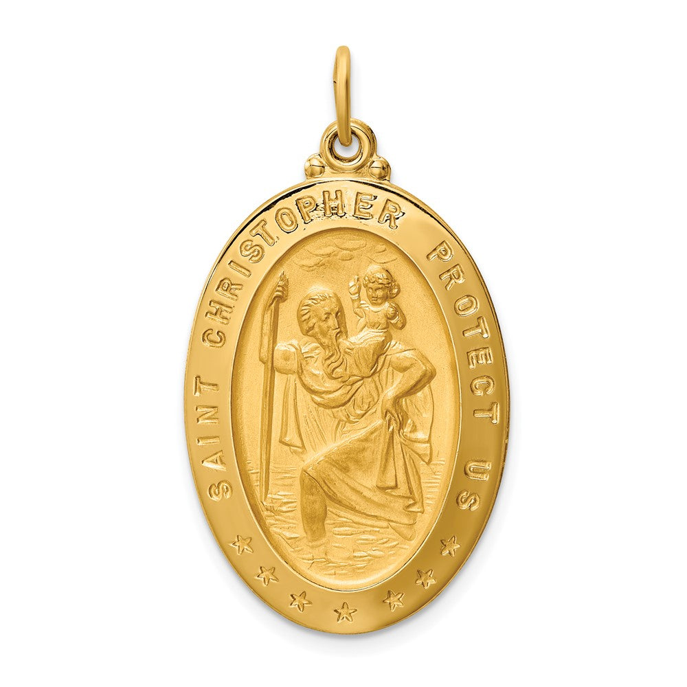 14k Yellow Gold Polished Satin Large Oval St. Christopher Medal Engravable Charm Pendant Jewelry Gifts (Length 1.41" Width 0.79")