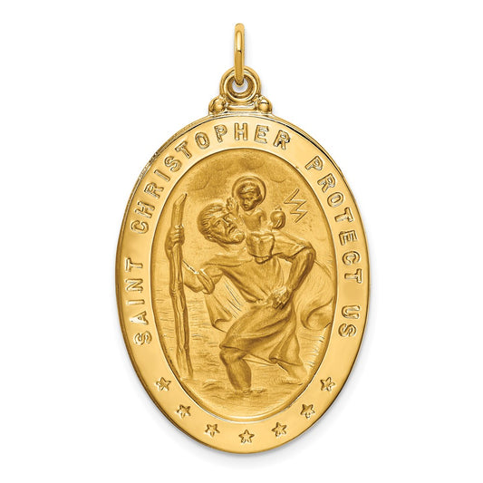 14k Yellow Gold Polished Satin Large Oval St. Christopher Medal Engravable Charm Pendant Jewelry Gifts (Length 1.52" Width 0.9")