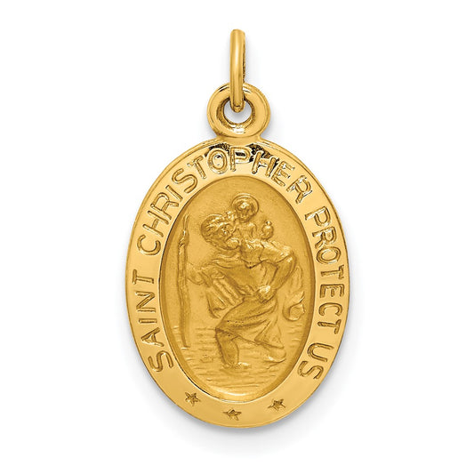 14k Yellow Gold Polished Satin Extra Small Oval St. Christopher Medal Engravable Charm Pendant Jewelry Gifts (Length 0.78" Width 0.44")