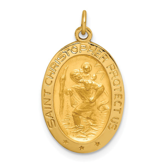 14k Yellow Gold Polished Satin Small Oval St. Christopher Medal Engravable Charm Pendant Jewelry Gifts (Length 0.92" Width 0.54")