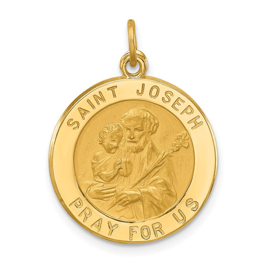 14k Yellow Gold Polished Satin Small Round St. Joseph Medal Engravable Charm Pendant Jewelry Gifts (Length 0.98" Width 0.74")