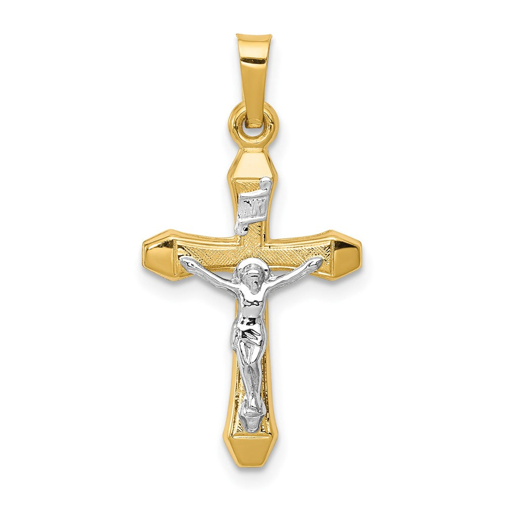 14k Two Tone Yellow and White Gold INRI Hollow Crucifix Engravable Charm Pendant Jewelry Gifts (Length 1.13" Width 0.55")
