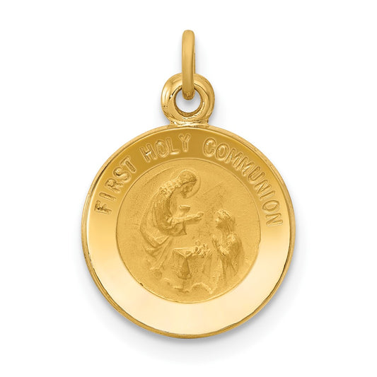 14k Yellow Gold First Communion Medal Engravable Charm Pendant Jewelry Gifts (Length 0.62" Width 0.47")
