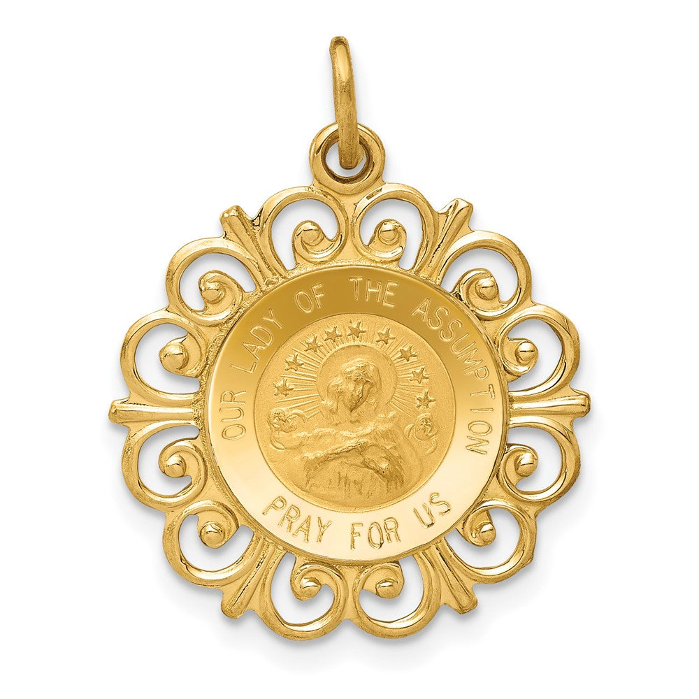 14k Yellow Gold Our Lady Of The Assumption Medal Engravable Charm Pendant Jewelry Gifts (Length 0.9" Width 0.74")