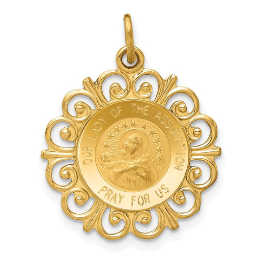 14k Yellow Gold Our Lady Of The Assumption Medal Engravable Charm Pendant Jewelry Gifts (Length 0.9" Width 0.74")