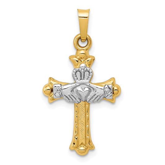 14k Two Tone Yellow and White Gold Claddagh Crucifix CrossEngravable Charm Pendant Jewelry Gifts (Length 1.09" Width 0.59")