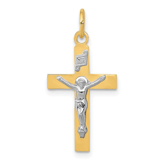 14k Two Tone Yellow and White Gold INRI CrucifixEngravable Charm Pendant Jewelry Gifts (Length 0.96" Width 0.49")